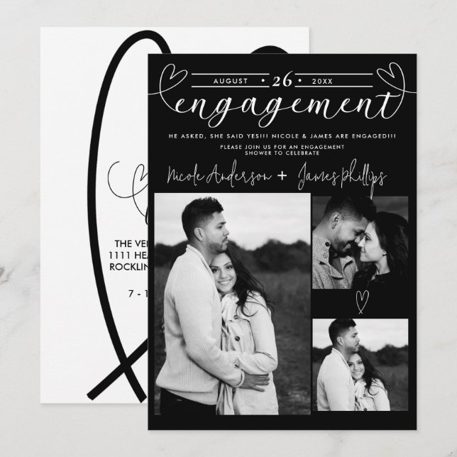 Cœurs modernes Noir & Blanc Engagement minimal  (Devant / Derrière)