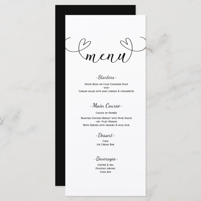 Coeurs modernes Noir & Blanc Mini Mariage Menu (Devant / Derrière)