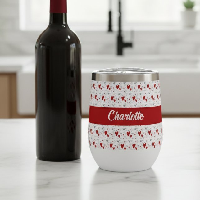 Cœurs modernes rouges et noirs Rétro Monogramme No (cute red and black retro hearts wine tumbler with name monogram)