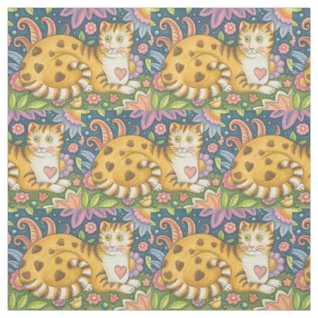 Coeurs N'Stripes Tabby CAT FOLK ART TISSU (Échantillon)