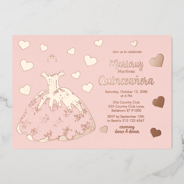Coeurs or rose Quinceañera Invitation (Recto)