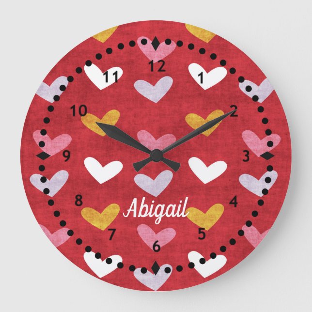 Cœurs pastel sur horloge murale rouge (Recto)