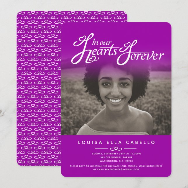Coeurs photo rose violet invitations funéraires (Devant / Derrière)
