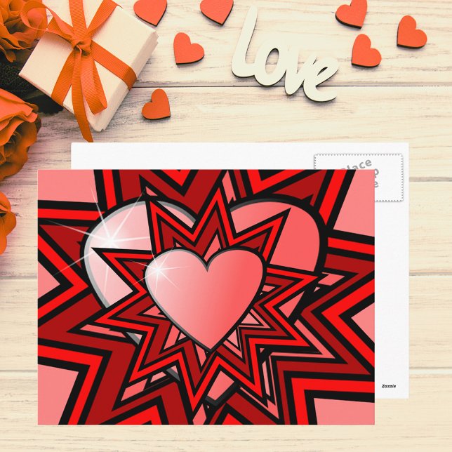 Coeurs roses en Rouge abstrait Design Carte postal (Pink Hearts in Red Abstract Design Postcard)
