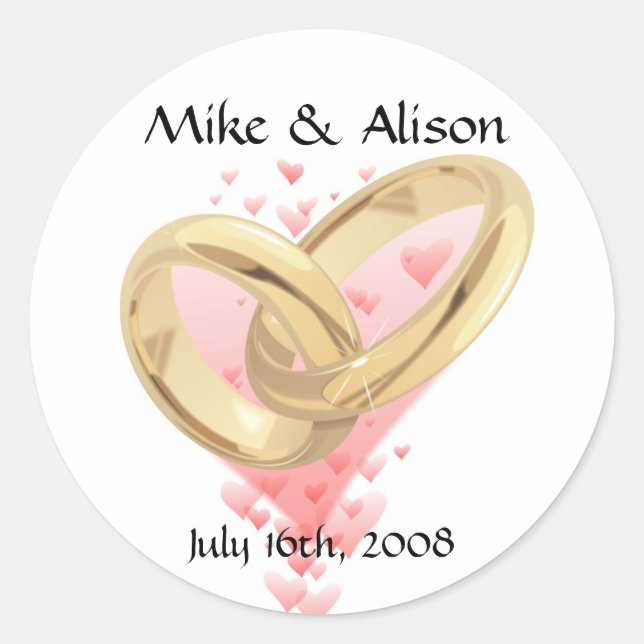 Coeurs roses et anneaux or Stickers de mariage (Devant)