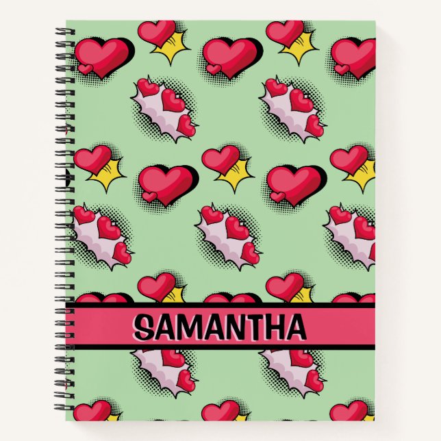 Coeurs roses mignons nom personnalisé Carnet spira (Devant)