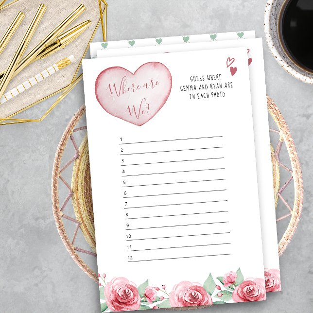 Coeurs Roses Où sommes-nous ? Jeu Fête des mariées (Where Are We? Bridal Shower Photo Guessing Game Answer Sheet)