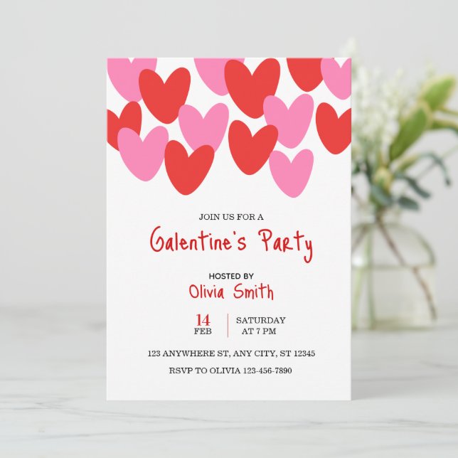 cœurs roses rouges invitation Galentine’s Day, cœu (Debout devant)