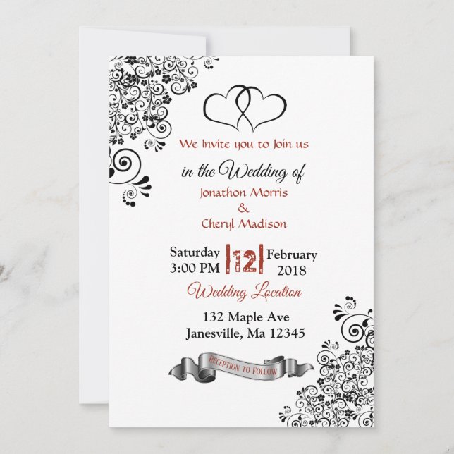 Coeurs rouge, noir et blanc Invitations de mariage (Devant)
