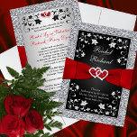 Coeurs rouges d'argent noir, Faire-part de mariage<br><div class="desc">Ce faire-part de mariage floral noir et argenté romantique a un ruban rouge IMPRIMÉ avec une paire de bijoux en diamant et une parties scintillant FAUX rouge joint le coeur sur elle. Il a également une bordure extérieure en feuille FAUX argent avec des fleurs gris argenté et des vignes sur...</div>