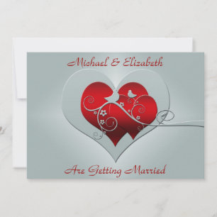 Coeurs rouges et oiseaux sur Faire-part de mariage