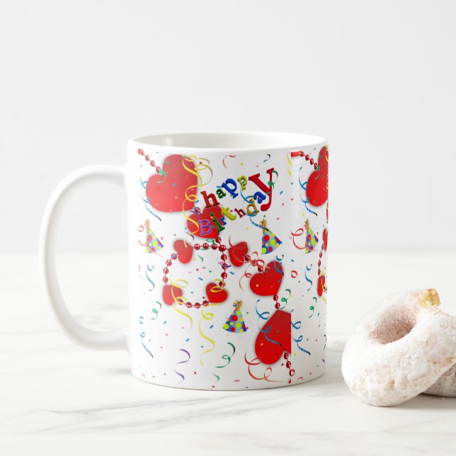 Coeurs rouges Mug heureux Anniversaire Mug (Avec donut)