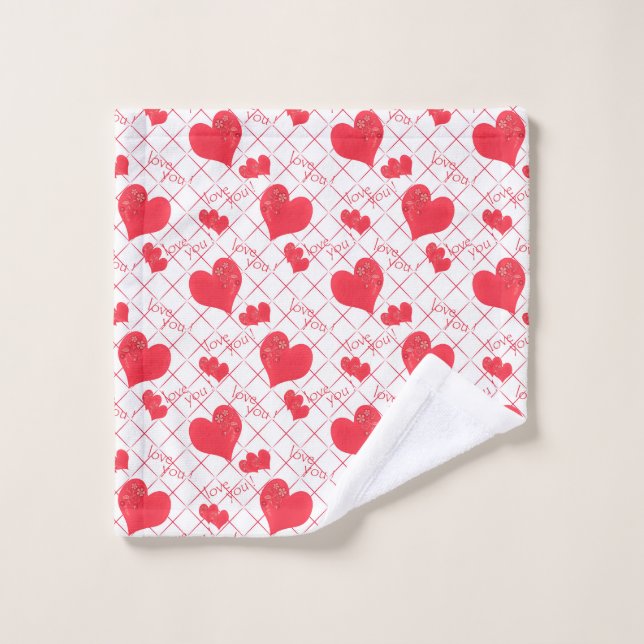 Coeurs rouges, texte, "aime-toi", rouge et blanc,  (Gant de toilette)