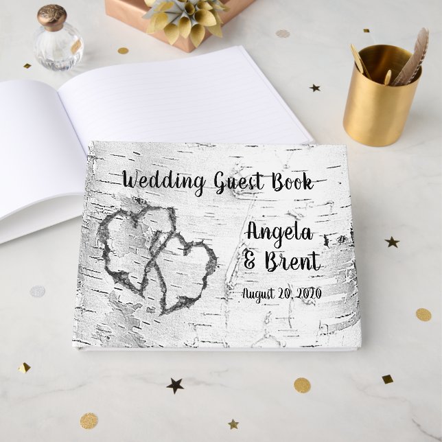 Coeurs sculptés Birch Tree Bark Livre d'invité (Recto ouvert)