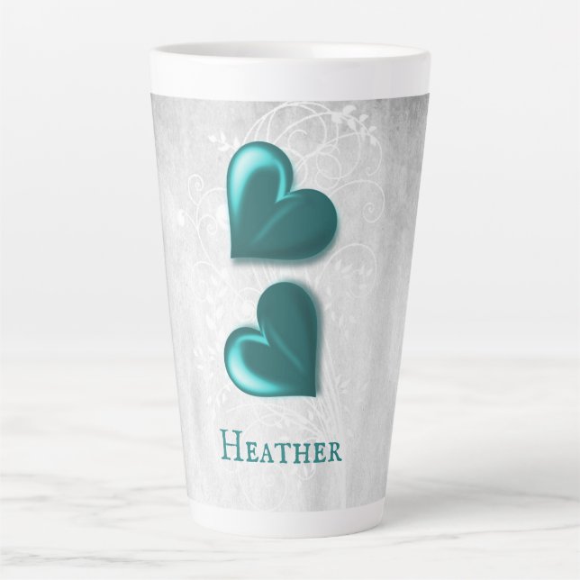 Coeurs turquoises Mug latte personnalisée (Devant)