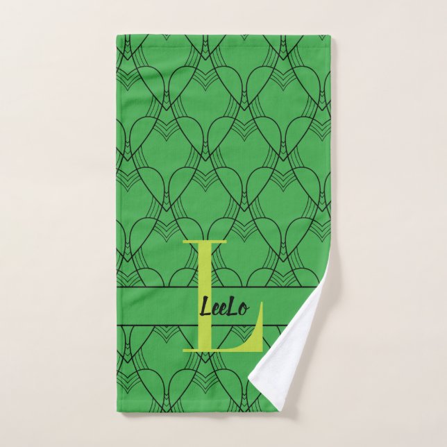 Coeurs verts Monogramme et nom Pickleball Sweat (Serviette à main)