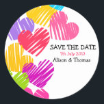 Coeurs vibrants Sticker 'Save the date'<br><div class="desc">Joli,  lumineux,  coloré design mariage avec dessin de coeur mignon,  maigre,  libre. Coloré,  moderne et tendance,  facile à customiser avec vos propres noms et détails.</div>