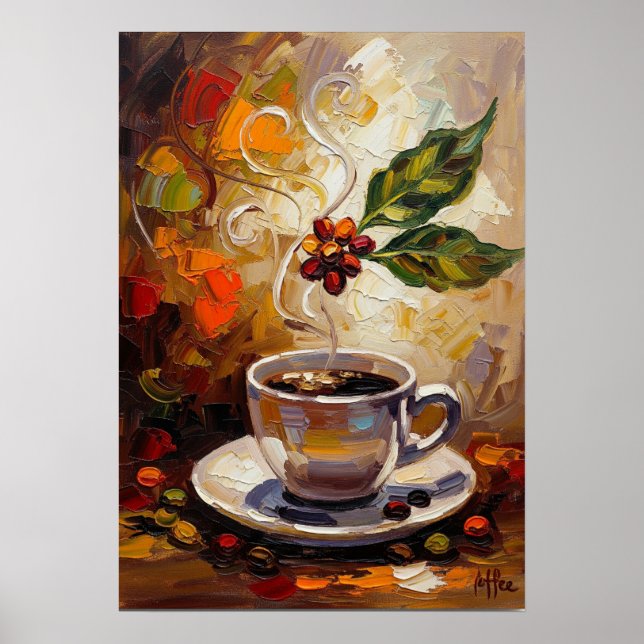 Coffee Art: Steaming Mug & Cherry Branch Poster (Devant)