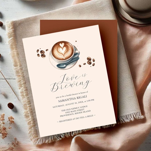 Coffee Bridal Shower Invitations L'amour brasse (Fall bridal shower invitations love is brewing coffee theme hand drawn watercolor art DoTellABelle)