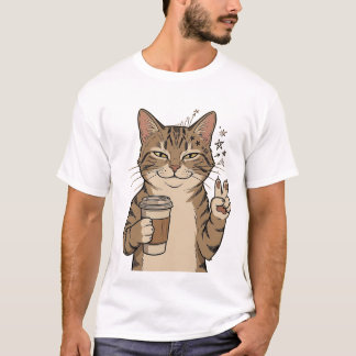 "Coffee-Loving Cat" Cotton T-Shirt