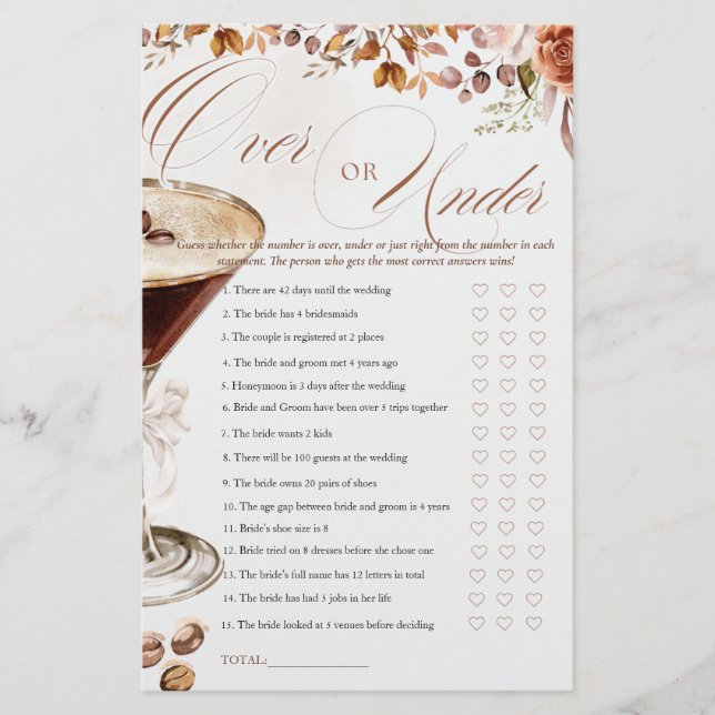 Coffee Martini Over or Under Bridal Shower Game (Devant)