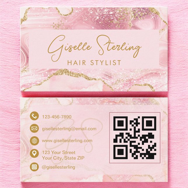 Coiffeur Luxe Carte de Visite Rose Pâle Agate Or C (Créateur téléchargé)