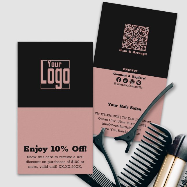 Coiffeur Simple Dual-Tone 10% de réduction (Simple Dual-Tone Hairstylist 10% Off Discount Card, Square Logo, QR code, Tracking, Social,)