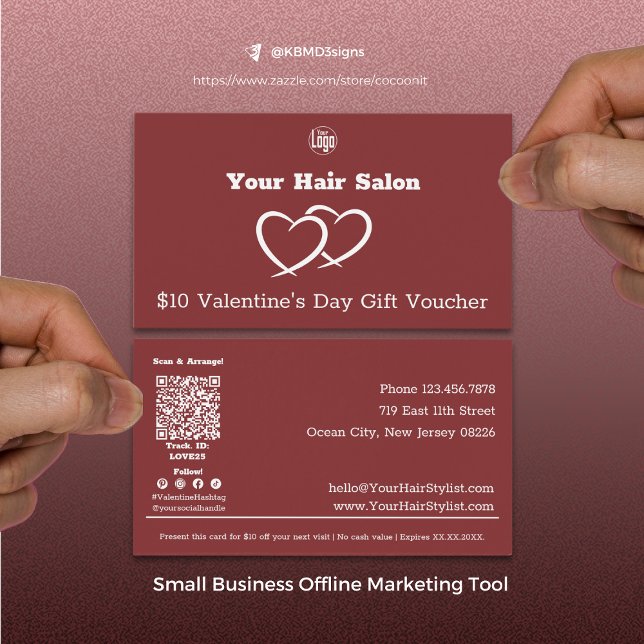 Coiffeuse Carte cadeau Saint Valentin (Modern Burgundy Hairstylist Valentine's Day Gift Voucher Card, Small Business Offline Marketing Tool)