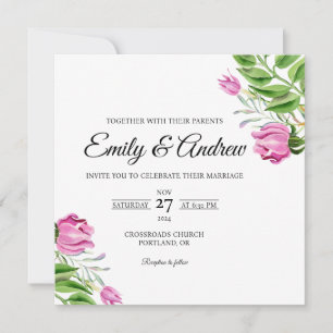 Coin de tulipe rose invitation de mariage carré aq