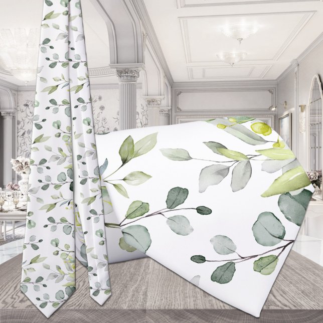 Col blanc pur Eucalyptus Verdure Mariage Cravate (Créateur téléchargé)