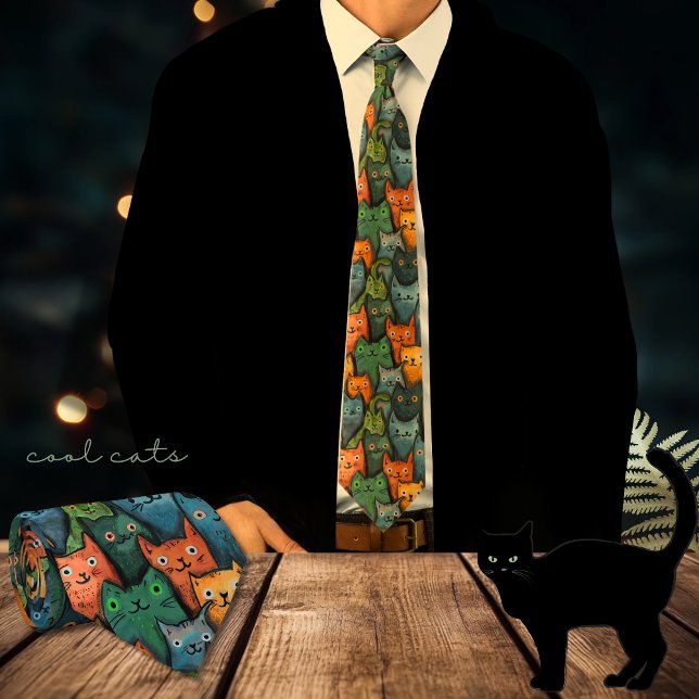 Col Chat Chouette Motif Sans Couture Cravate (Cool  Fun Cat Pattern Neck Tie)