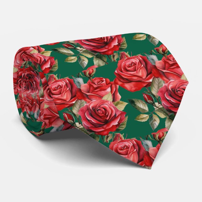 Col classique cravate à nœud papillon rouge roses (Roulé)