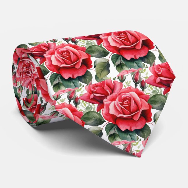 Col classique cravate à nœud papillon rouge roses (Roulé)