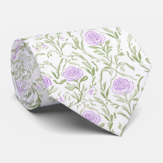 Col cravate à motif de roses lilas à l'aquarelle (Roulé)