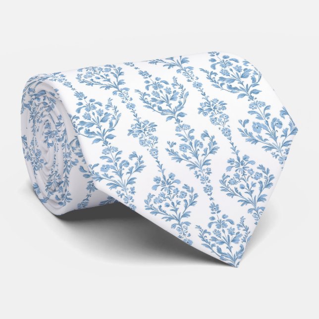 Col cravate à motif floral bleu blanc (Roulé)