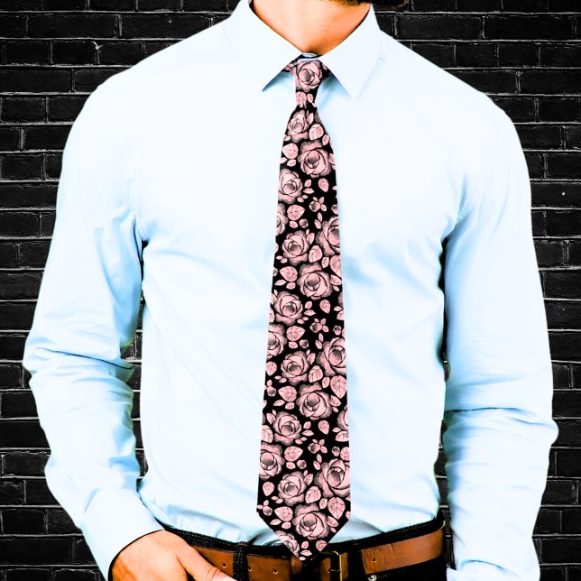 Col cravate à motif floral rose rose poudré (Blush Pink Floral Rose Pattern Neck Tie)