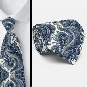 Col cravate à motifs paisley bleu et blanc de luxe