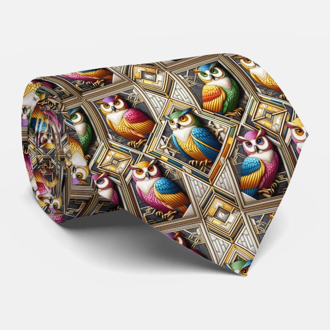 Col cravate Art Déco Owl Rainbow – Noir, Blanc & O (Roulé)