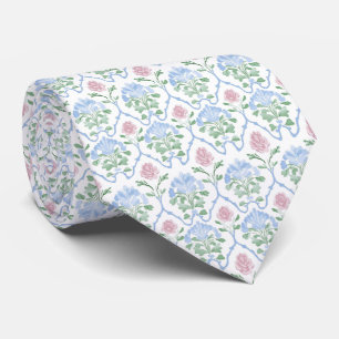 Col cravate blanc floral rose bleu
