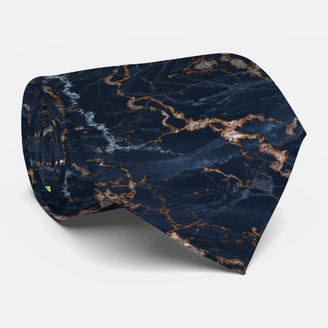 Col cravate bleu marine et or rose feuille marbré (Roulé)