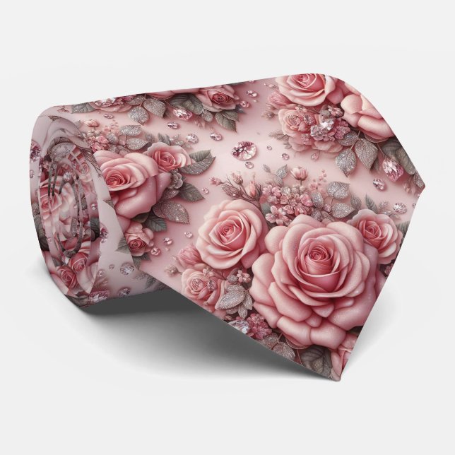 Col cravate de mariage de luxe | Roses roses et di (Roulé)