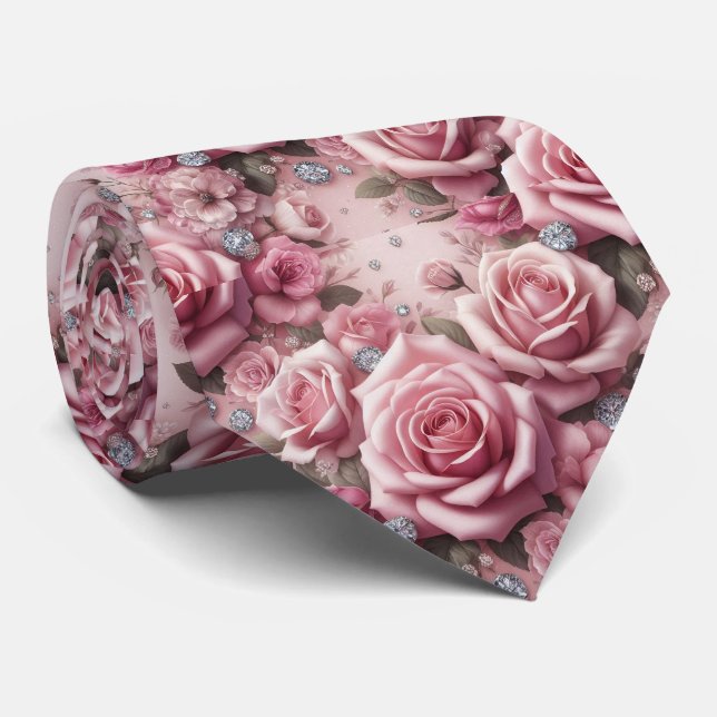 Col cravate de mariage de luxe | Roses roses et di (Roulé)