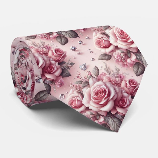 Col cravate de mariage de luxe | Roses roses et di (Roulé)