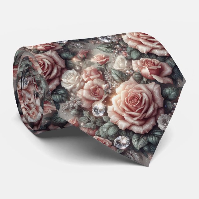 Col cravate de mariage de luxe | Roses roses et di (Roulé)