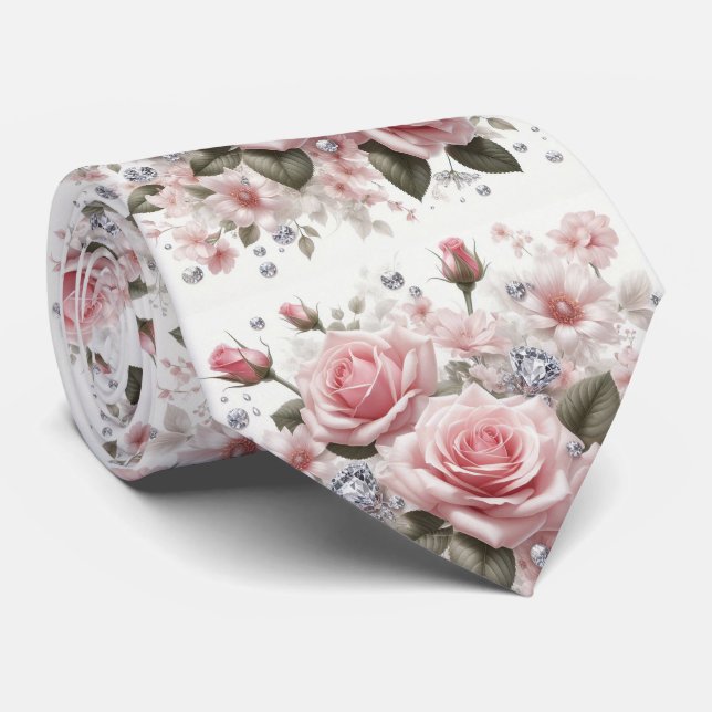 Col cravate de mariage de luxe | Roses roses et di (Roulé)