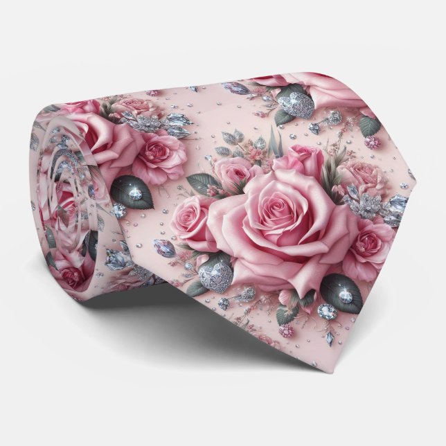 Col cravate de mariage de luxe | Roses roses et di (Roulé)