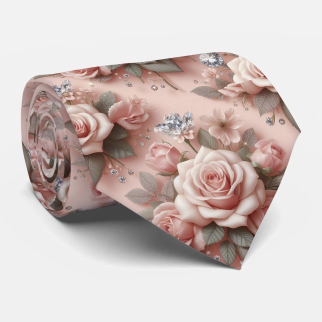 Col cravate de mariage de luxe | Roses roses et di (Roulé)