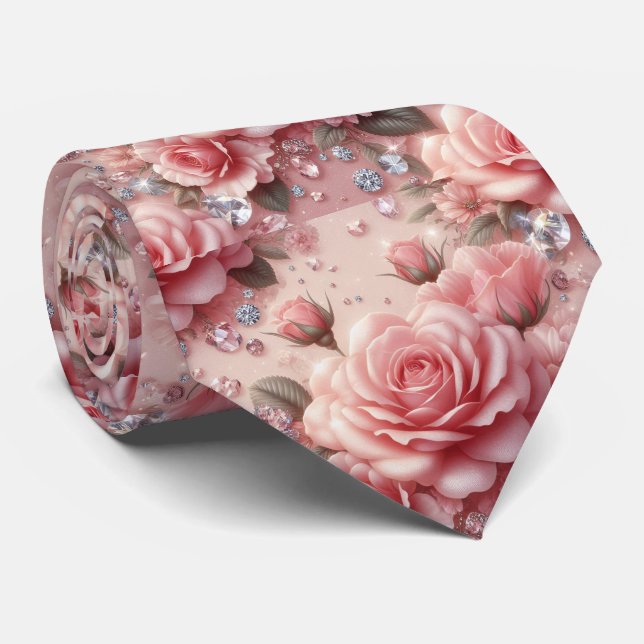 Col cravate de mariage de luxe | Roses roses et di (Roulé)