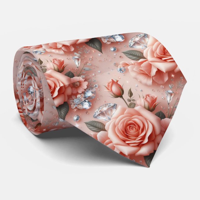 Col cravate de mariage de luxe | Roses roses et di (Roulé)