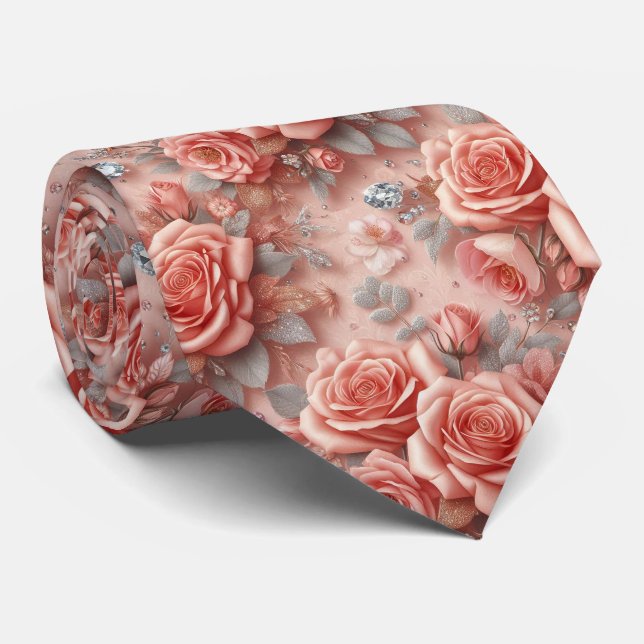 Col cravate de mariage de luxe | Roses roses et di (Roulé)